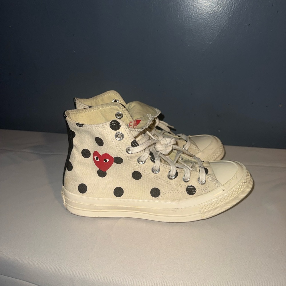 Converse x CDG White High-Top Sneakers with Black Polka Dots and Red Heart